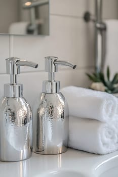 Modern silver soap dispensers sit beside neatly stacked white towels. A touch of elegance adds sophistication to the bathroom space.