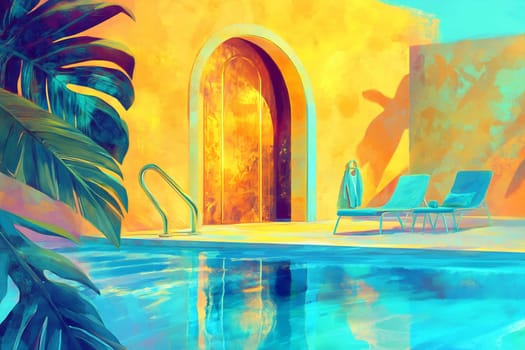A vibrant pool area featuring a striking yellow wall and lush greenery, inviting relaxation and leisure under sunny skies.