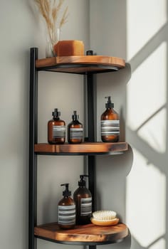 A modern shelf displays elegant bottles and accessories, showcasing a warm design illuminated by natural light.