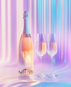 Two sparkling glasses beside a bottle of champagne, set against a colorful shimmering background creating a festive atmosphere.