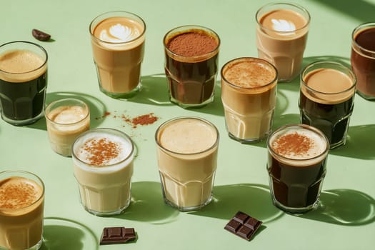 A colorful array of coffee drinks sits on a light green surface, showcasing different types of preparations and textures.