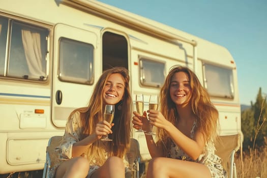Two women cheerfully toast with champagne near a camper van during sunset in a beautiful outdoor setting.