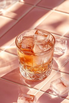 A refreshing cocktail is presented in a crystal glass filled with ice cubes on a pink tiled surface, reflecting sunlight.