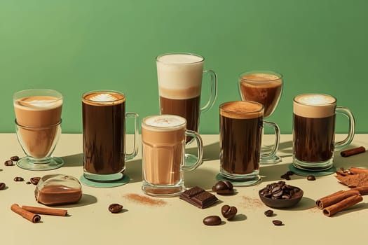 An array of different coffee beverages presented beautifully, showcasing diverse styles and flavors against a soft green backdrop.