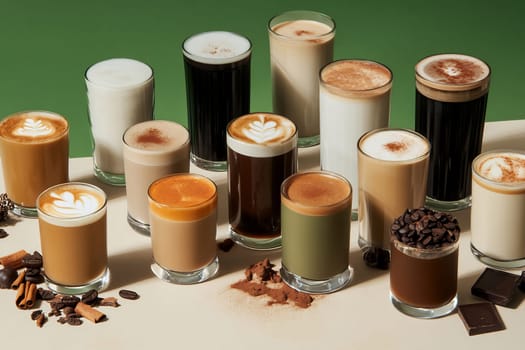 Multiple glasses filled with different coffee beverages are arranged beautifully on a light surface, showcasing various styles and colors.