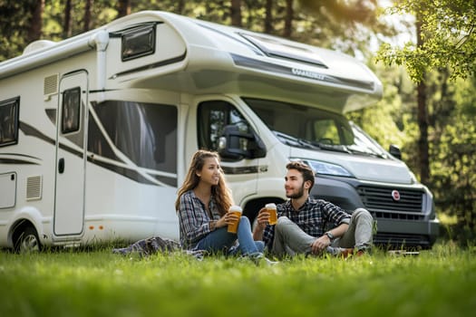 A young couple enjoys beverages while sitting on the grass near a camper van in a peaceful forest setting during the afternoon.