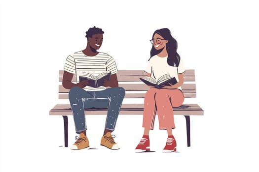 Two friends sit on a bench in a park, each reading a book, smiling and enjoying their time together.