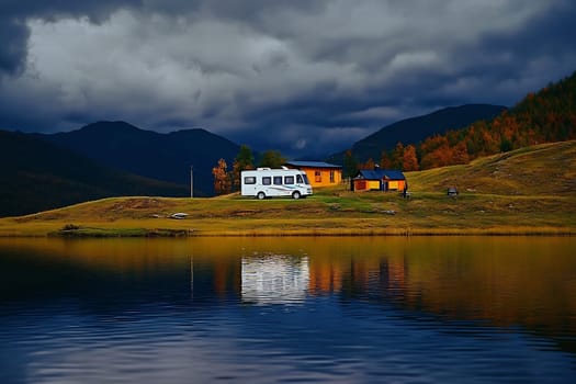 A cozy camper sits by a tranquil lake surrounded by mountains and autumn trees under a dramatic sky filled with clouds.