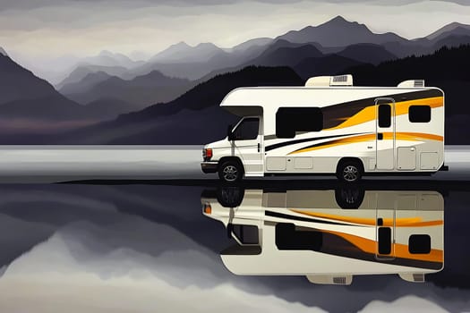 RV parked beside a tranquil lake, surrounded by majestic mountains during a cloudy day, creating stunning reflections on the water.