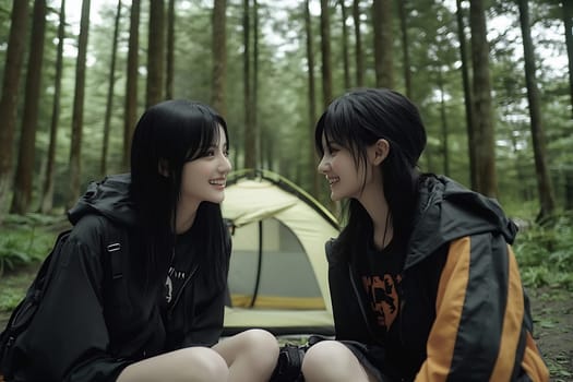 Two friends sit in a lush green forest, smiling at each other outside their tent during a serene camping trip.