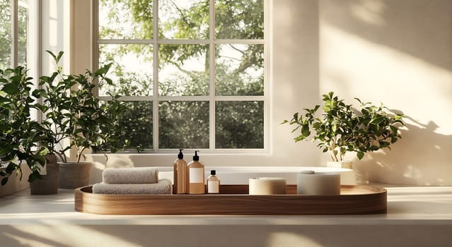 A serene bathroom features wooden decor, plants, and toiletries arranged on a tray, illuminated by warm sunlight through large windows.