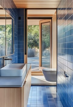 Bright and spacious bathroom features blue tiles, a sleek sink, and large windows inviting natural light and outdoor views.