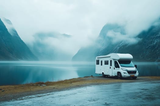 A camper parked near a tranquil lake surrounded by foggy mountains during a cloudy day, creating a peaceful atmosphere for an adventure.