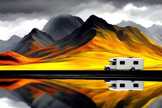 An RV travels along a serene road near majestic mountains, reflecting colorful autumn hues in a calm lake during sunset.