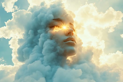 A serene woman's face emerges from soft clouds, illuminated by golden sunlight, creating an ethereal and calming atmosphere.
