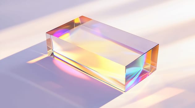 A translucent crystal block reflects vibrant colors as sunlight passes through it, creating an enchanting display on a surface.