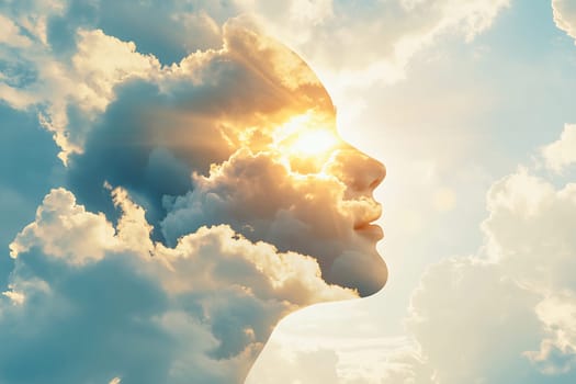 This artwork merges a human face with bright sunlight shining through clouds, evoking a sense of tranquility and introspection.