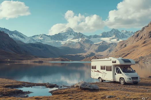 A camper van rests by a tranquil lake, surrounded by majestic mountains under a clear blue sky. Perfect for outdoor adventures.