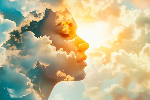 A serene profile of a person blends with vibrant clouds and sunlight, creating a dreamlike atmosphere of tranquility and imagination.