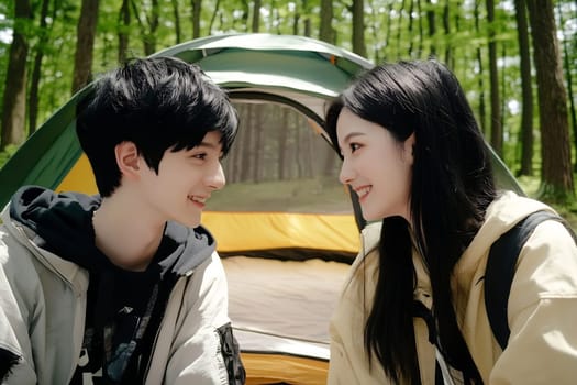 Two friends are smiling at each other while seated near their tent in a lush green forest during the day.