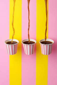 Rich coffee cascades into three striped cups, set against a vibrant pink and yellow background, capturing a playful coffee moment.