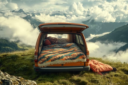 A vibrant van is parked in a stunning mountain area, showcasing a comfortable bed made with blankets surrounded by fluffy clouds and towering peaks.