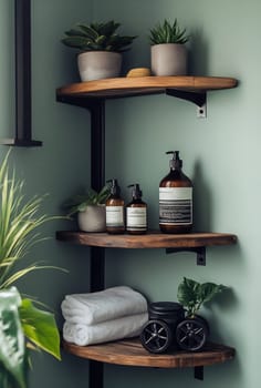 Wooden shelves in a modern bathroom display plants, toiletries, and neatly folded towels, creating a serene atmosphere.