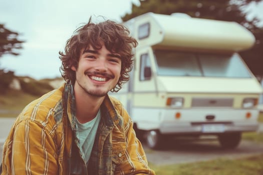 A cheerful young man with curly hair sits outdoors next to a classic camper van, enjoying a relaxed day in nature.