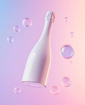 A white champagne bottle is suspended amidst various bubbles against a colorful gradient background, creating a festive atmosphere.