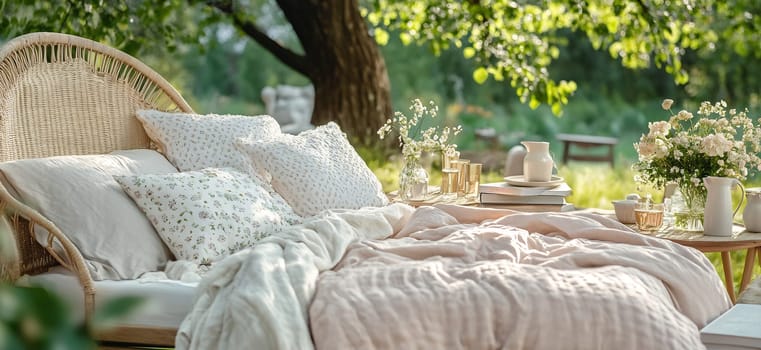 A peaceful outdoor scene with a cozy bed, soft pillows, a table with fresh flowers, and drinks in a floral setting.