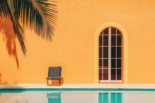Bright orange wall frames a serene pool and a single chair, creating a tranquil atmosphere in a sunny setting.