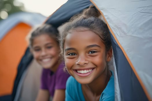 Two girls enjoy their camping trip, smiling happily inside a colorful tent during a sunny day in nature.