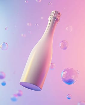 A white champagne bottle hovers in a vibrant background filled with colorful bubbles, creating a festive and celebratory atmosphere.