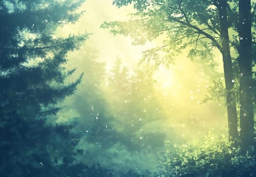 Soft sunlight streams through lush trees in a tranquil forest, creating a serene atmosphere filled with gentle light.