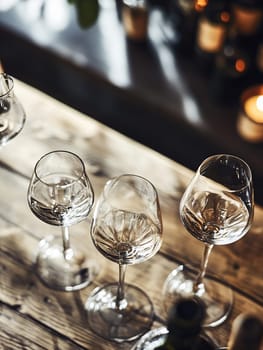 Several crystal glasses rest on a rustic wooden table, softly lit by nearby candles, creating a cozy atmosphere for a gathering.