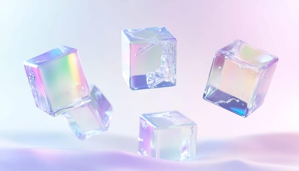 Transparent ice cubes with rainbow reflections float against a soft pastel background, creating a whimsical and modern visual effect.