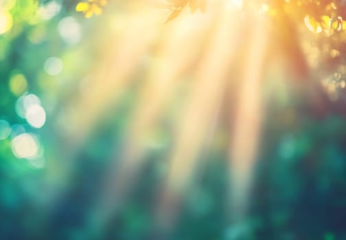Soft rays of sunlight cascade through lush tree branches, creating a serene atmosphere in a vibrant green forest.
