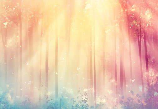 Sunlight filters through colorful trees, creating an enchanting atmosphere filled with vibrant hues and soft textures in nature.