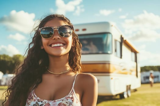Young girl with curly hair smiles brightly in a sunny field near a recreational vehicle, embodying joy and leisure during summer.