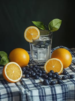 A glass of cool water with ice sits among fresh oranges and blueberries, creating a vibrant, refreshing display on a checkered cloth.
