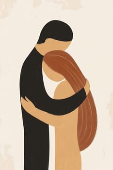 Two figures share a tender embrace, conveying intimacy and comfort in a minimalist artistic style with soft colors.