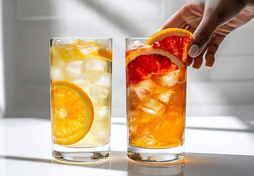 Two tall glasses filled with ice and vibrant citrus drinks, one garnished with orange slices and the other with red grapefruit.