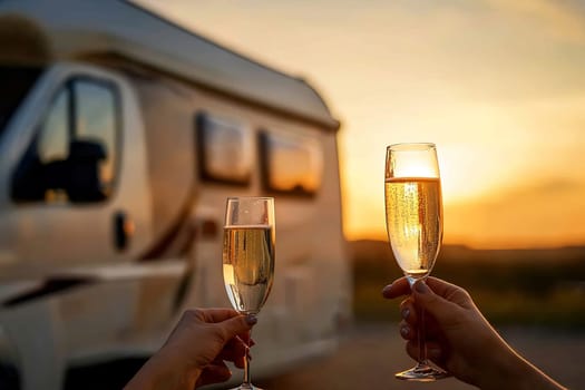 Two people toast with sparkling drinks while parked next to a camper at sunset, celebrating the beauty of the evening.