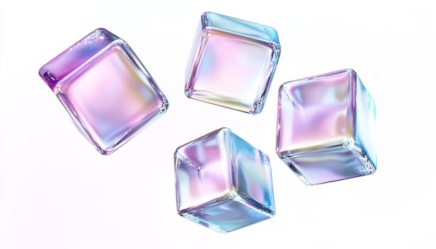 Four glossy ice cubes in shades of purple and blue are arranged on a bright white background, showcasing their reflective surfaces.