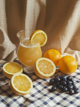 A glass of citrus beverage sits on a checkered tablecloth alongside fresh lemons, oranges, and blueberries, brightening the setting.
