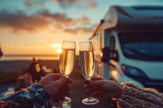 Two people toast with champagne glasses during a sunset at a campsite near an RV, enjoying a serene and memorable evening together.