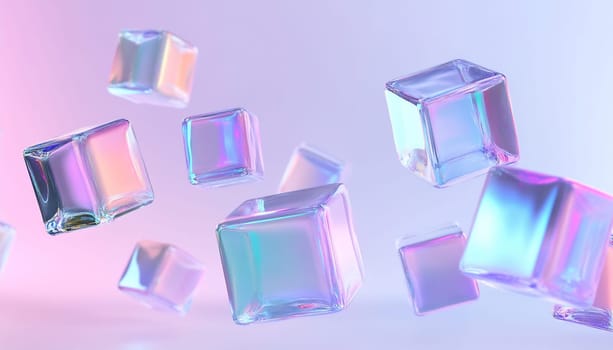 Floating translucent ice cubes display shimmering colors against a soft pastel background, creating a whimsical and refreshing atmosphere.