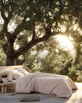 A tranquil outdoor space features a soft bed surrounded by lush trees and warm golden sunlight. Perfect for relaxation and nature lovers.