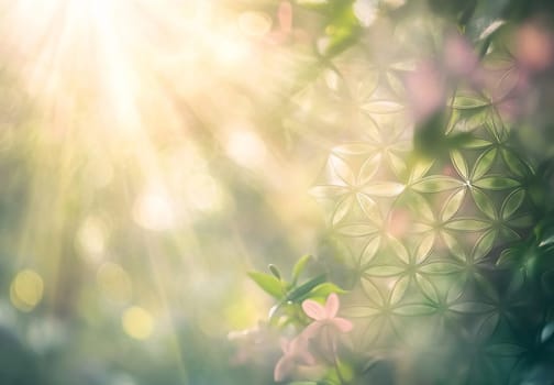 Sunlight filters through foliage, highlighting delicate flowers in a lush garden. The atmosphere is serene and vibrant.
