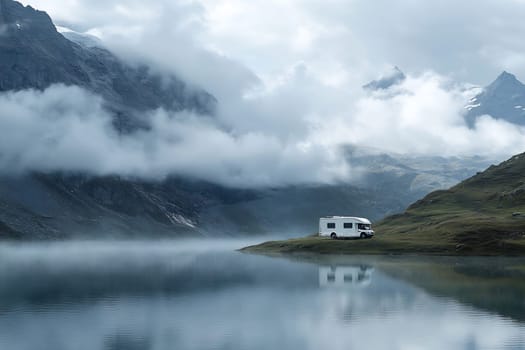 A camper is parked beside a serene lake, surrounded by misty mountains and cloudy skies, creating a peaceful nature retreat.